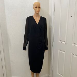 Tommy Hilfiger Black Sheath Dress VNeck Long Sheer Bishop Sleeves Ruched Waist